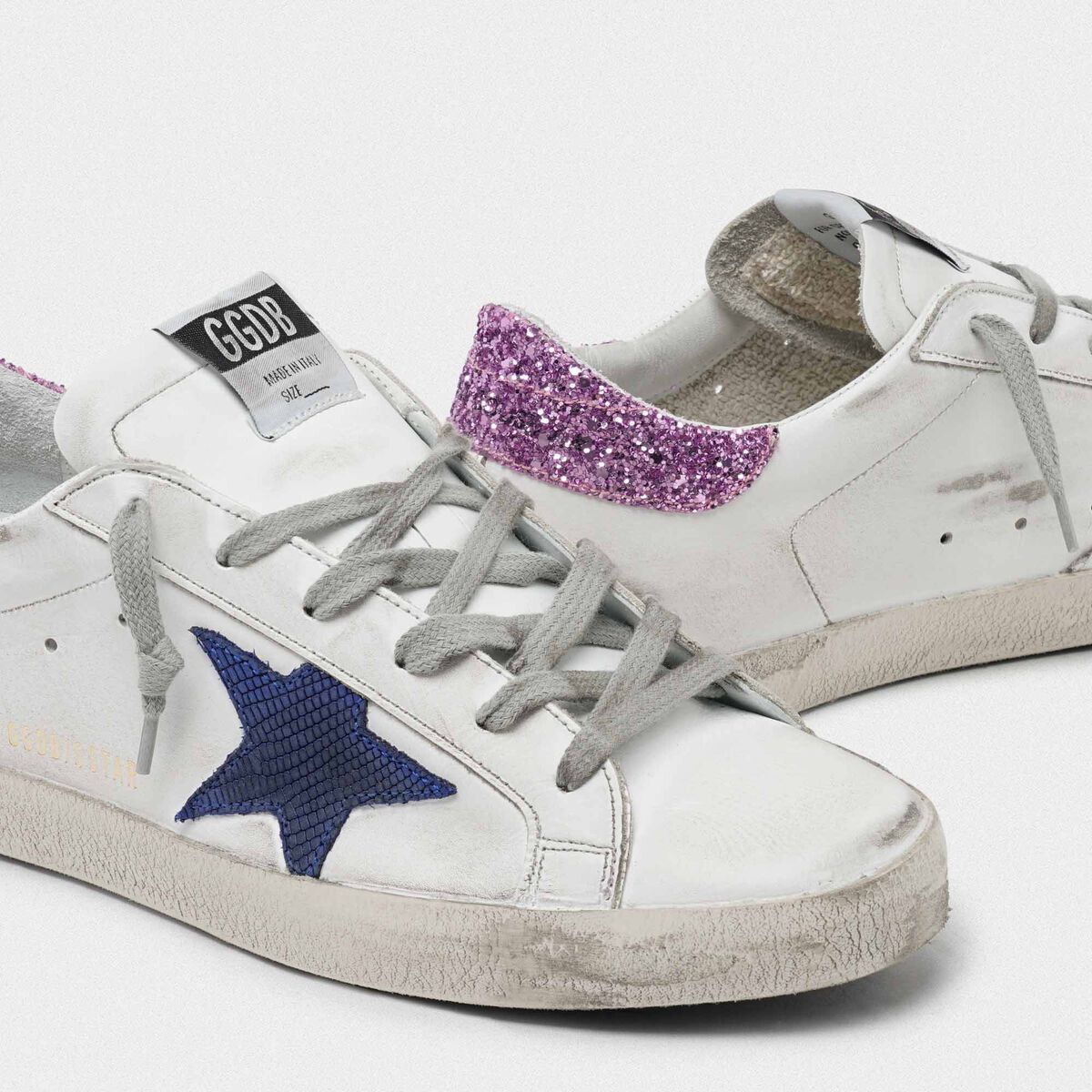 Superstar White Superstar sneakers with blue star and glittery heel tab ...